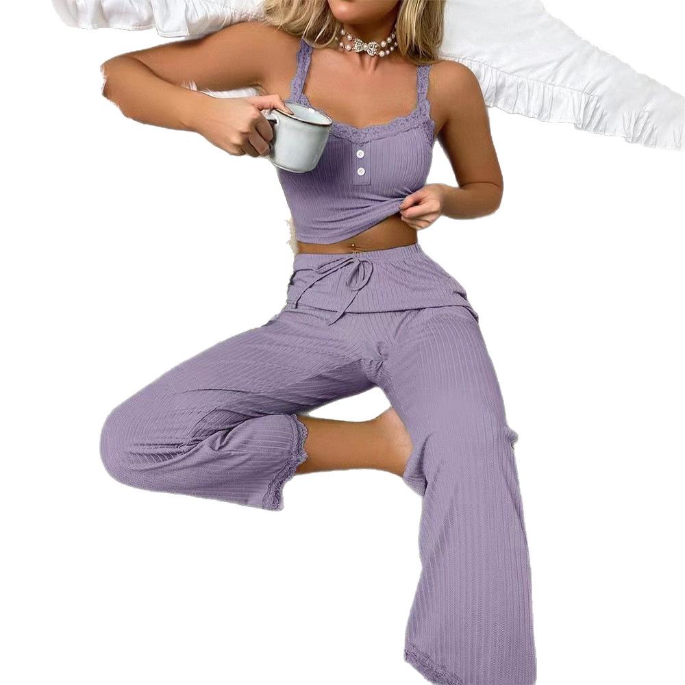 Women's Lace Camisole & Long Pants Set - Comfortable, Elastic Homewear & Outdoor Pajamas