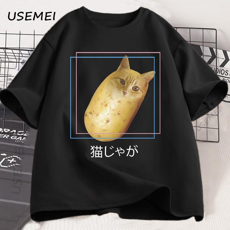 Lustiges Kartoffelkatze T-Shirt Neko Meme T-Shirt Japanische Kätzchen Lustiges T-Shirt Baumwolle T-Shirts Unisex Damen Freizeit Übergroße T-Shirts Kleidung