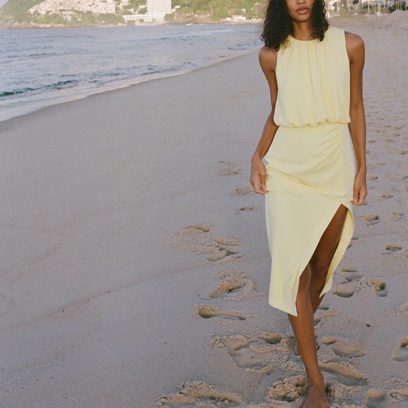 Summer New Product Women's Clothes Vacation Style Slit Hemline at Hem Ruched Decorative Sleeveless Midi Skirt Dress 2544324