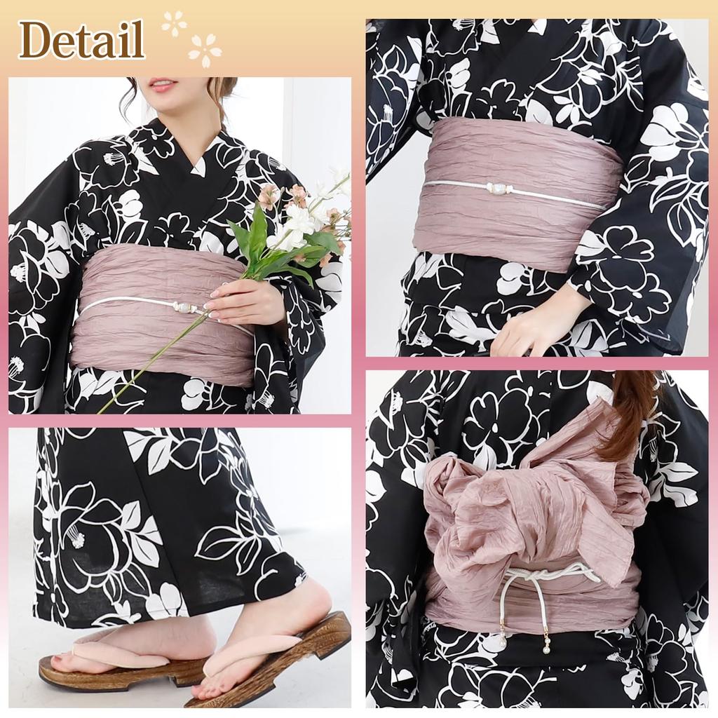Yukata Set with Heiko Obi Crinkled and Modern Floral Summer Fireworks Free Size [GRAXIA] Women's 2-Piece (Sash), Fluffy, Pattern, Festival, Display,