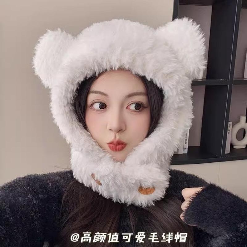 Cute bear ears plush hat scarf integrated women's winter ear protection pullover hat to keep warm and cold