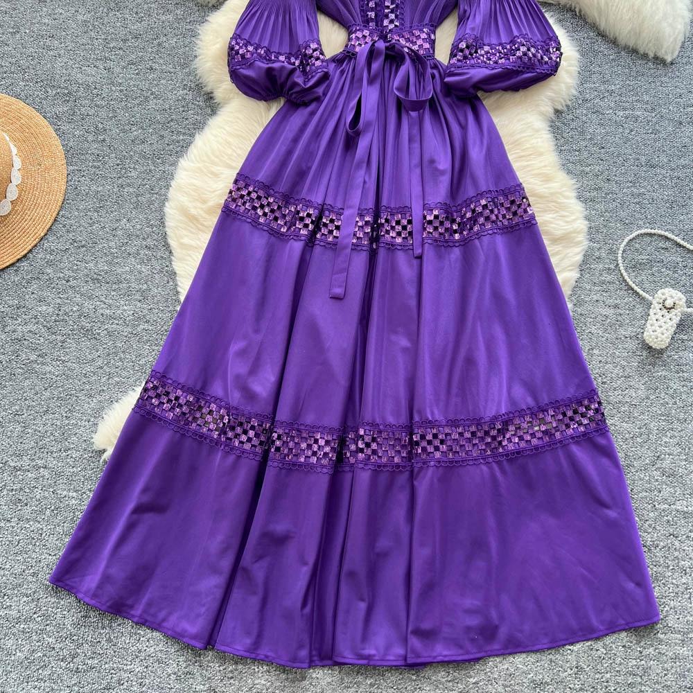 High-End Heavywork Lacing Paillette-Panel Waist-Banding Lantern Sleeve Maxi Dress for Women Autumn Charming Long Women Dress