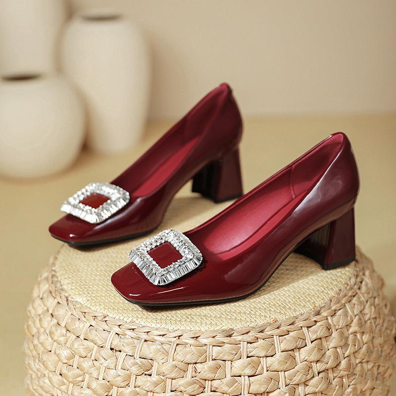 French thick heel light mouth single shoes spring and autumn red wedding shoes rhinestone square buckle nude square head high heels