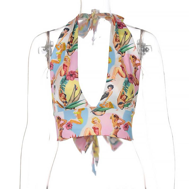 

Летняя мода бретелька-халтер без бретелек курорт сексуальные майки женские без рукавов короткий жилет женская облегающая повседневная майка с цифровой печатью майки 25743 One Size