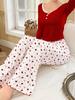 Encaje Encaje Cuello Redondo Corona Manga Larga y Pantalón Largo, Conjunto de Pijama para Mujer, Ropa de Casa