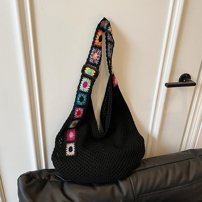 Large Capacity Crochet Tote Bag Ethnic Style Hollow Out Woven Bag Embroidered Strap Knitting Handbag For Female Travel AVE