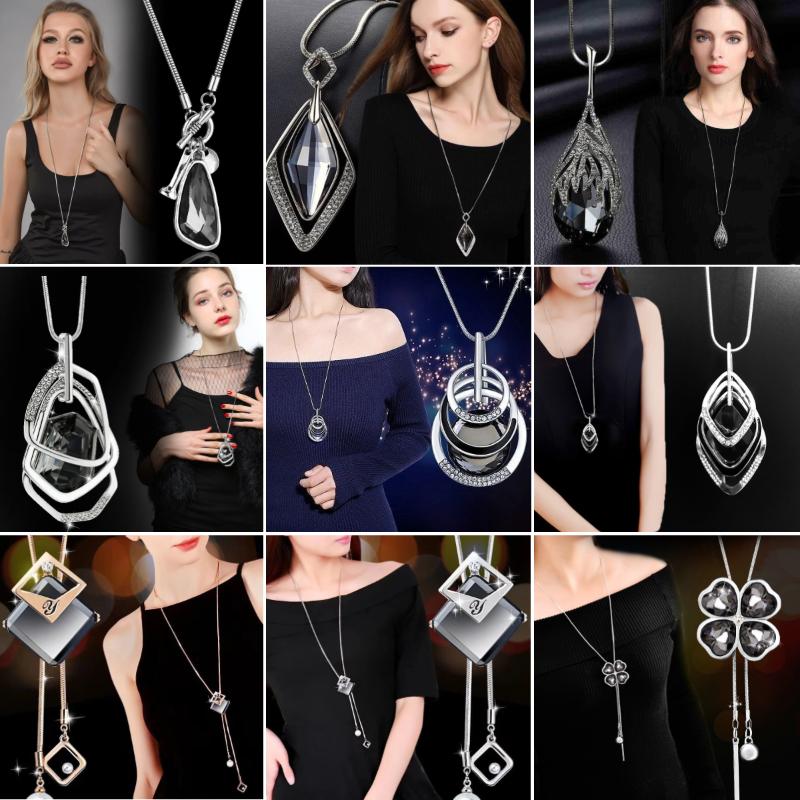 Fashion Irregular Geometric Grey Crystal Necklace For Women Elegant Long Pendant Winter Sweater Chain Necklace Jewelry