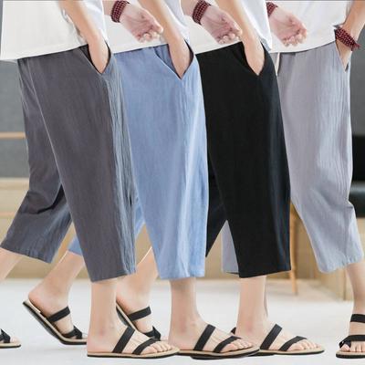 Summer Men's Casual Imitation Linen Seven Quarter Pants, Thin Solid Color Cut Pants, Fashionable Hip-hop Street Sports