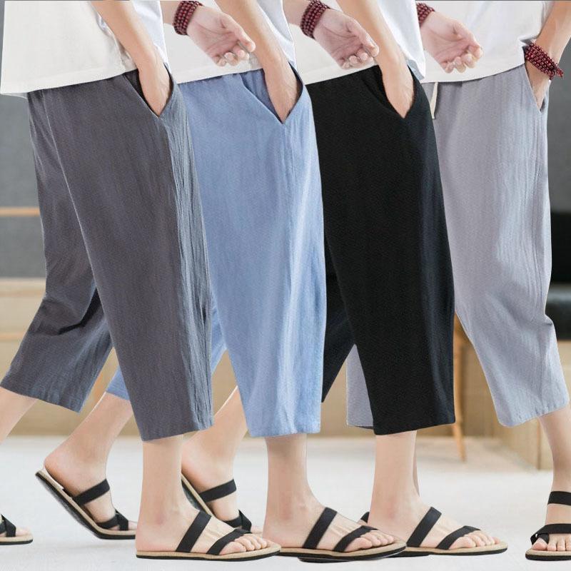 Summer Men's Casual Imitation Linen Seven Quarter Pants Thin Solid Color Cut Pants Hip-hop Street Sports