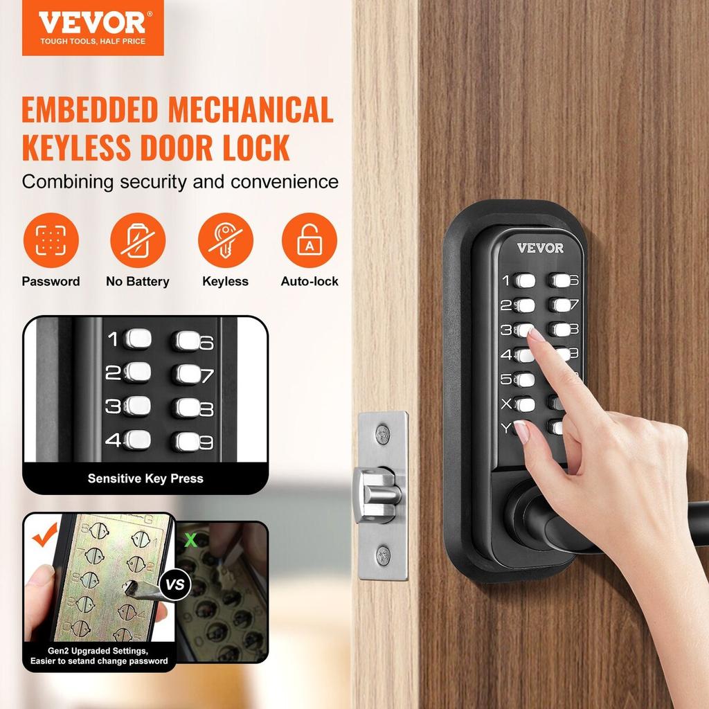 Mechanical Keyless Entry Door Lock, 14 Digit Keypad, Embedded Outdoor Gate Door Locks Set with Keypad and Handle, Water-proof Zinc Alloy, Easy to