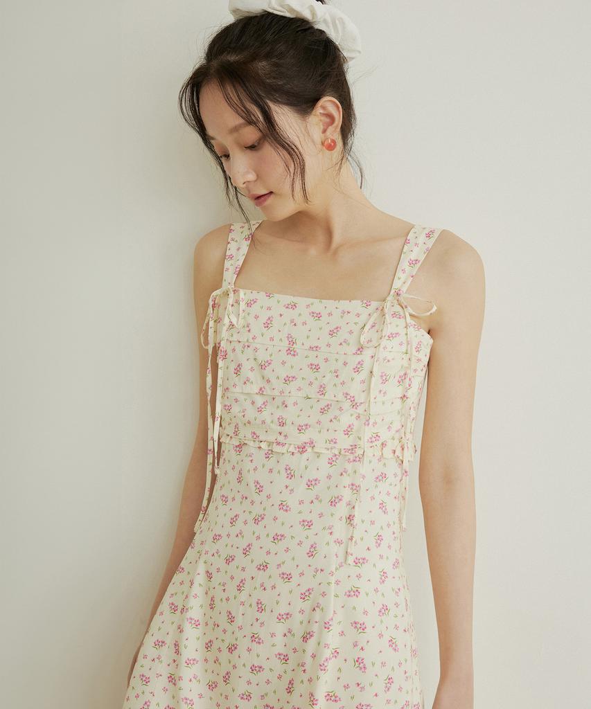 Adowl Flower Pattern Shirring Mini Dress - Cream