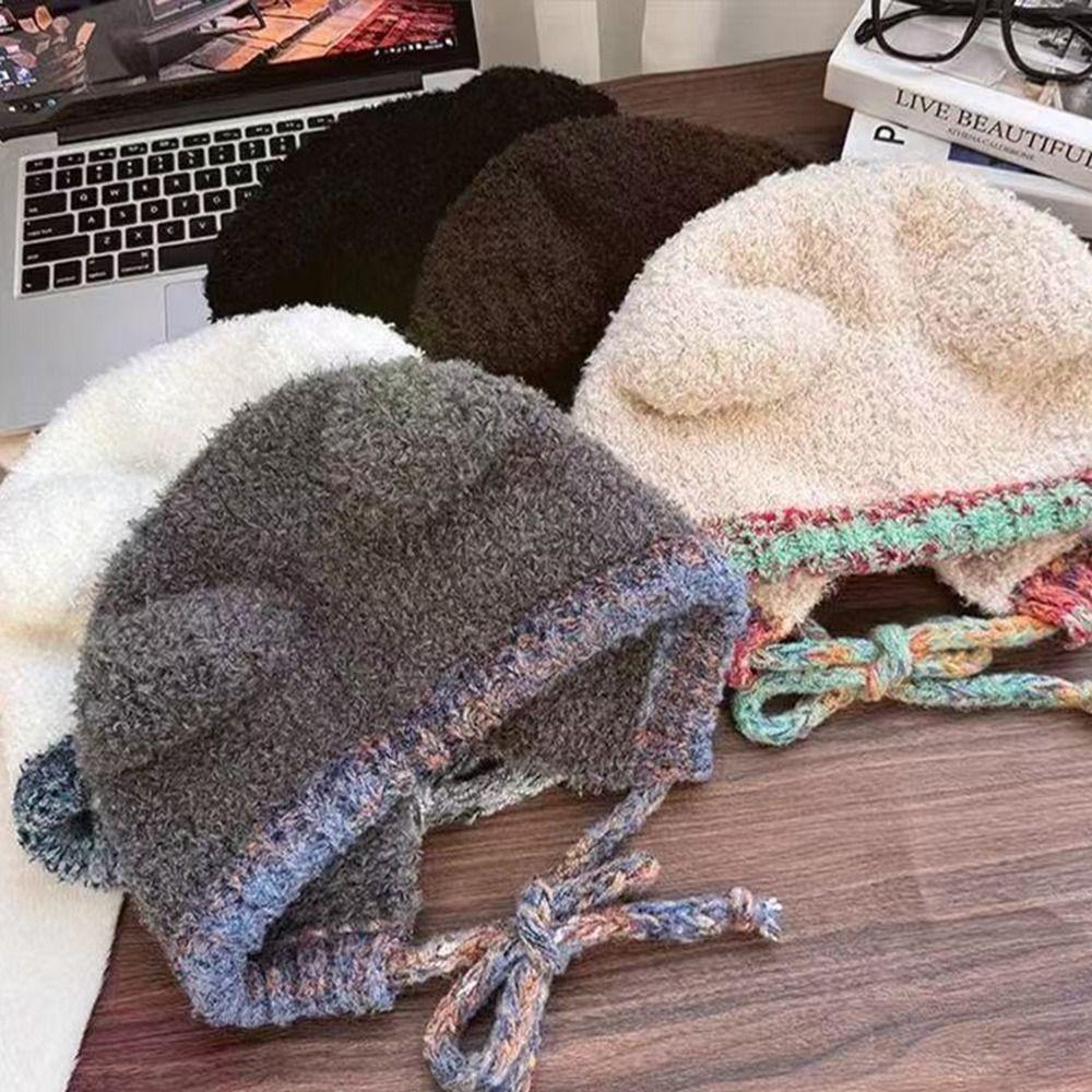 Fashion Bear Ear Knitted Woolen Hat Windproof Thickened Beanies Cap Keep Warm Ear Protection Cap for Women