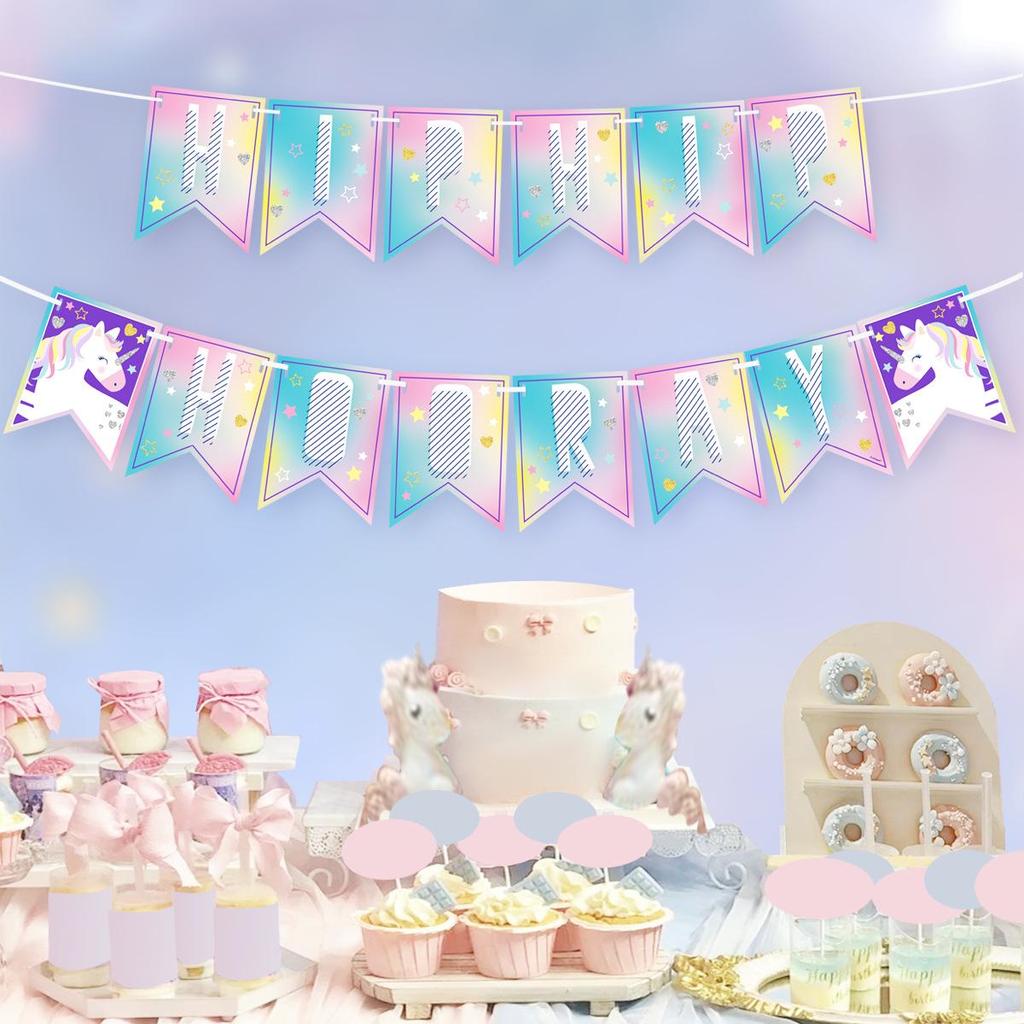 Unicorn Macaron Gradient "HIP HIP HOORAY" Birthday Banner Decoration Supplies