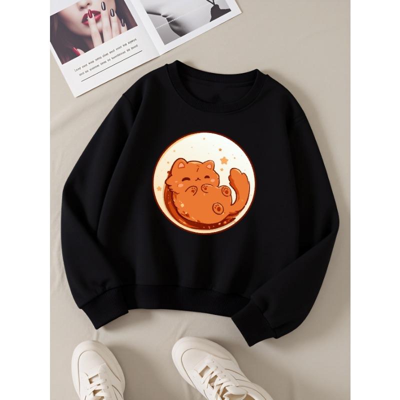 European sizes Kids' Sweatshirts, Girls' Autumn Winter Cute Cat Starry Background Print Long Sleeve Round Neck Sweatshirt, Casual Daily Wear.