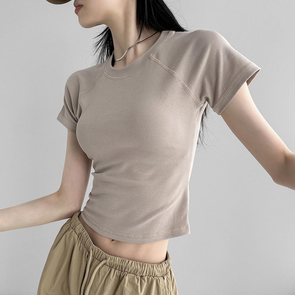 Dynamic Girl's New Summer Style Round Neck Rasp-sleeved Stretch Short-sleeved Solid Color Top