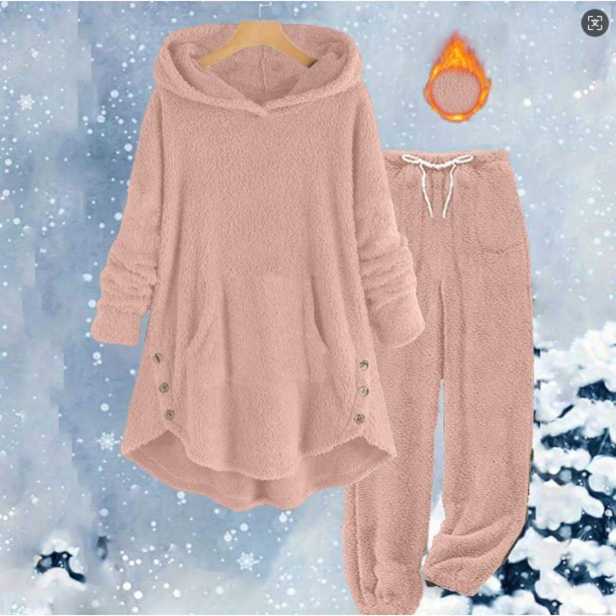 

Осень и Зима Новая Повседневная Женская Одежда Однотонный Плюшевый Худи с Длинным Рукавом и Брюки Комплект для Женщин XXL розовый