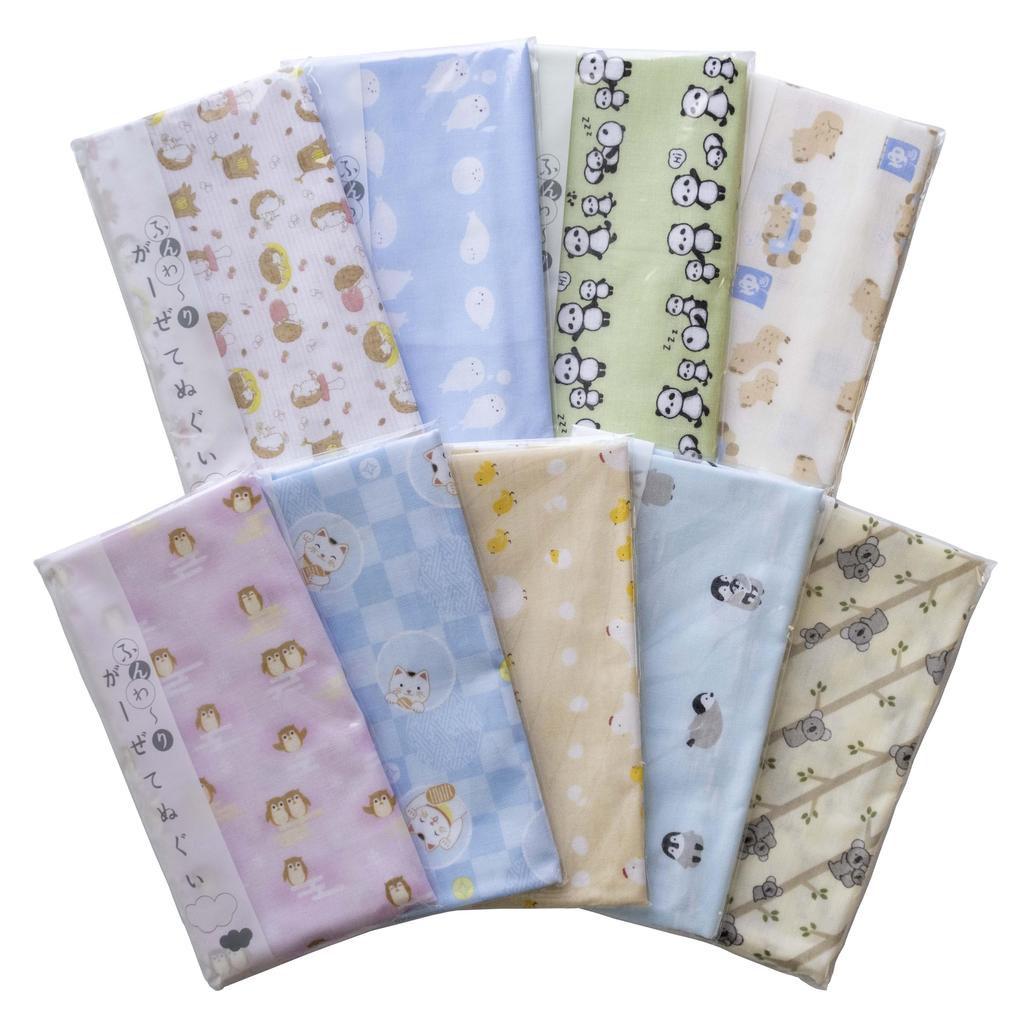 Made In Japan. Soft and Fluffy Gauze Hand Toweltowel, 100% Cotton, Approximately 88cm X 34cm (S. Animal Designs, Random, Set of 9).