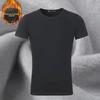 Men's Autumn Slim Fit Round Neck Thickened Solid Color Short-Sleeve T-Shirt with Velvet, Large Size.