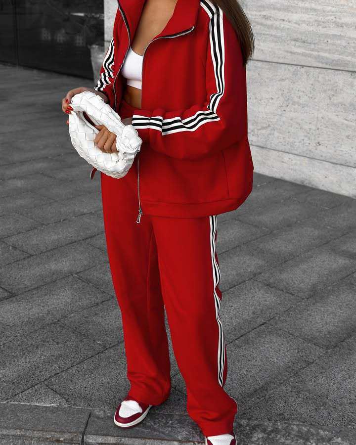 

Women s Two-Piece Set: Hooded Jacket & Wide-Leg Striped Pants in a Color Block Design Medium