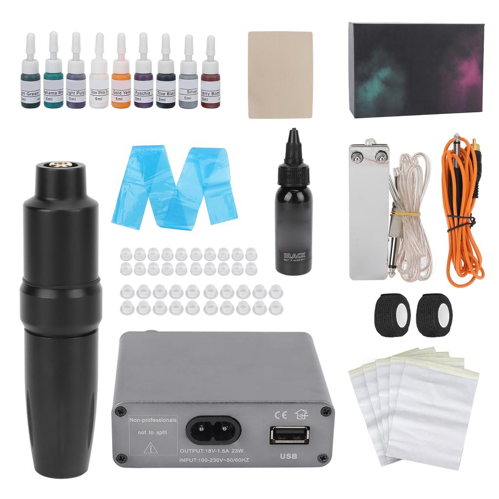 Rotary Tattoo Pen Kit Novice Power Supply Foot Pedal RCA Clip Cord Ink Cup Tattoo Machine Set (100‑)