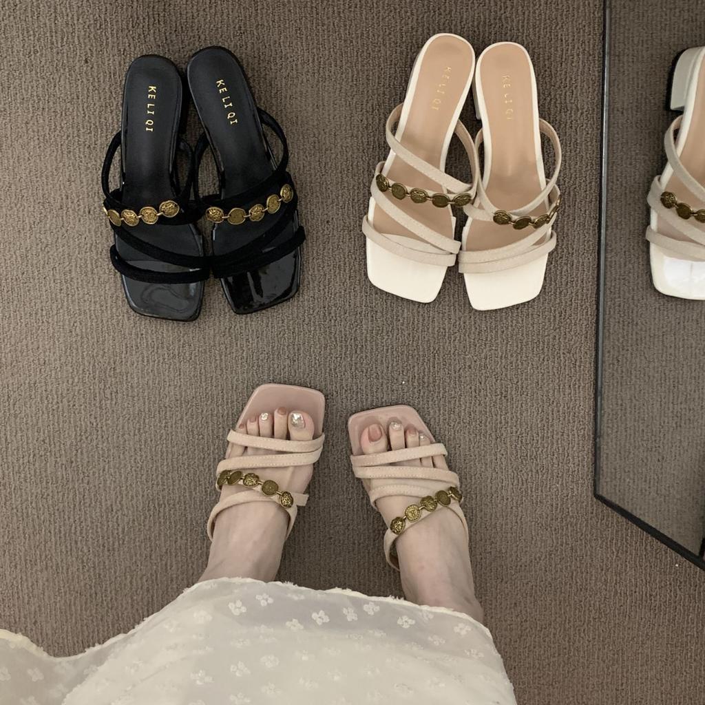 Niche thick heel French commuter outer slippers women's shoes 2025 summer skirt temperament evening breeze sandals