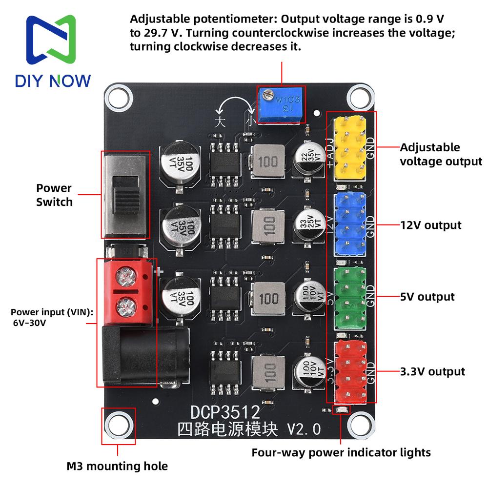 4 Way Power Switch Module DC6V-30V to 0.9V-29.6V Adjustable Output for Multi Device Power Supply Electric Competition Experiment