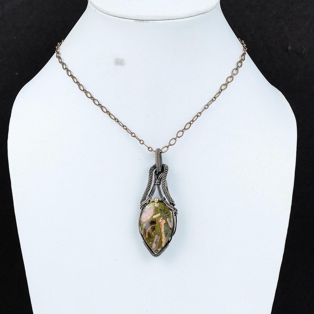 Charming Copper Rhodochrosite Gemstone Pure Copper Wire Wrapped Handmade Jewelry Pendant