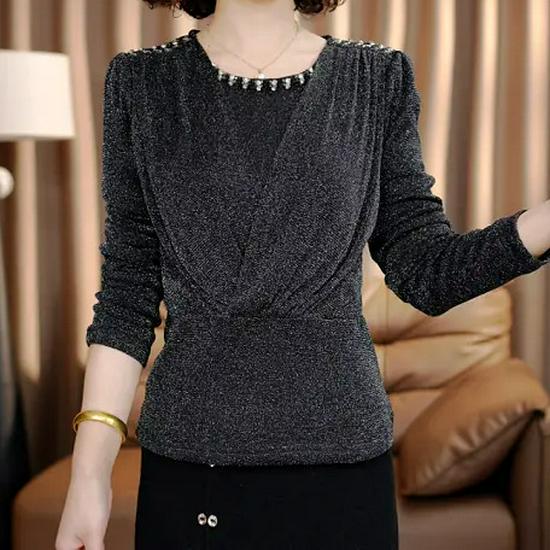 In Stock: Elegant Floral French Spring Blouse with Beaded Lace & Round Neck - Thickened Bright Silk Base Layer