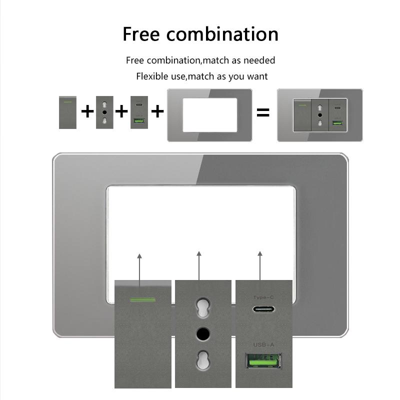 Italy Chile Socket with USB Smart Type-c 20W Fast Charging Glass Wall Electric Light Switch,Thai US Brazil Dual USB Power Socket