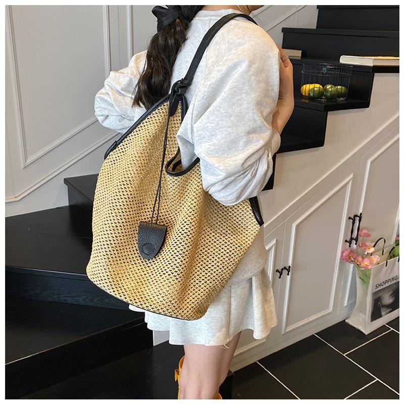 

French Style Straw Bag Summer Bag Idle Style Woven Large Capacity Shoulder Tote Bag Seaside Vacation Style Beach Bag Black