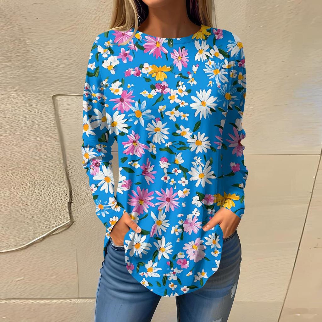 Women's  Loose Casual Flower Printed Round Neck Long Sleeved T Shirt Top Pullover Long Sleeved Sweatshirt