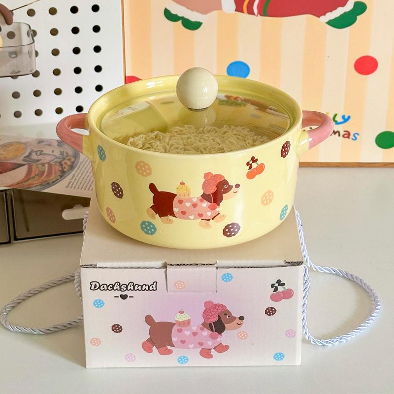 Ins süßer Wurstwelpe Keramik Instant-Nudel-Schüssel mit Deckel binaurale Schneckenpulver-Schüssel Geburtstagsgeschenk für Mädchen Souvenir