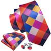 Barry.Wang Gold Brooch with Tie for Men Plaids Check Silk Necktie Hanky Cufflinks Set