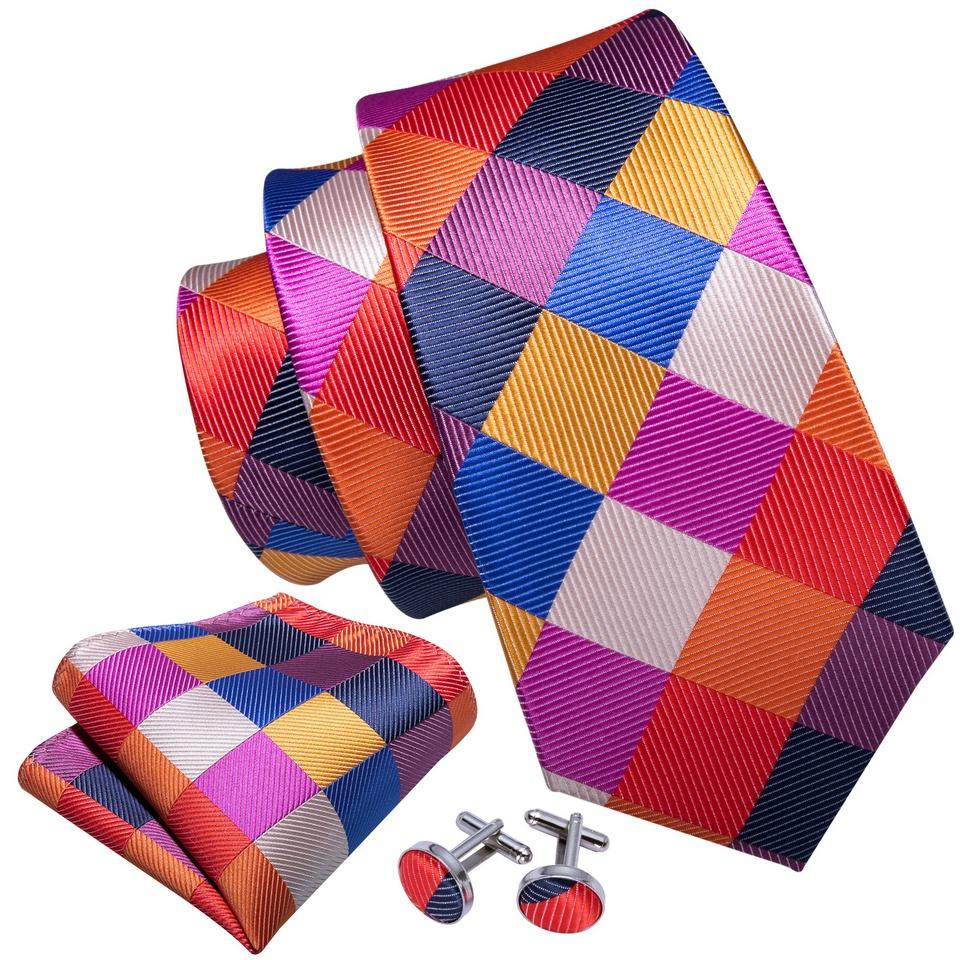 Barry.Wang Gold Brooch with Tie for Men Plaids Check Silk Necktie Hanky Cufflinks Set