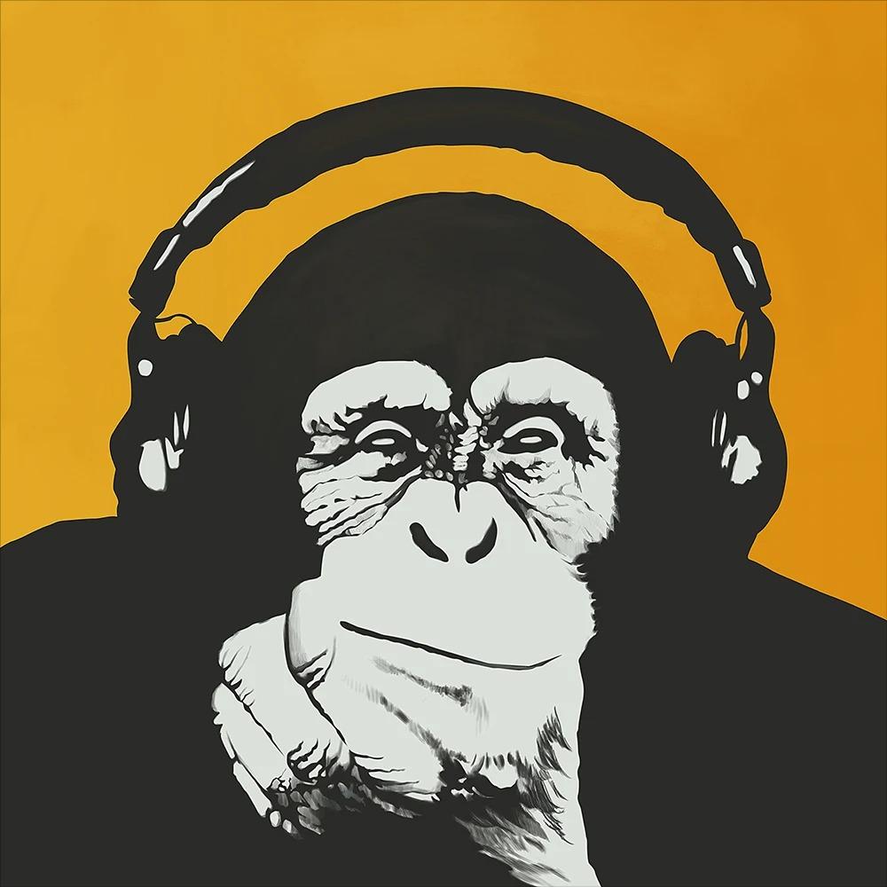 Colorful Gorilla Monkey Chimpanzee Earphones Art Canvas Wall Art Fun Animal Canvas Painting Living Room Home Decoration
