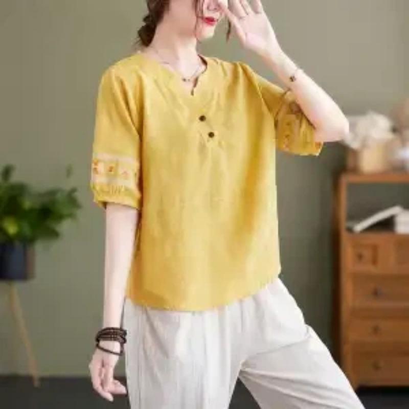 Women's Linen Cotton Embroidered Short Sleeve Top - Casual Loose Fit V Neck Blouse for Summer Mother's Day Gift