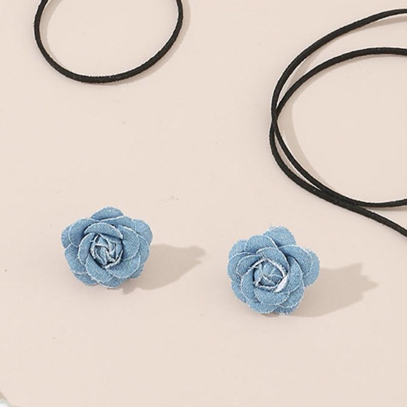 Collier Chaîne Corde à Lacets Tissu Jean Bleu Collier Ras-du-cou Fleur Ensemble Boucles d'Oreilles pour Femmes Bijoux de Mode Cadeau