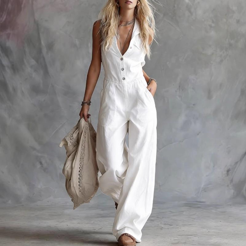 2025 Linen Cotton Sleeveless V-Neck Jumpsuit High Waist Straight Leg Casual Boho Romper Women Teens Youth