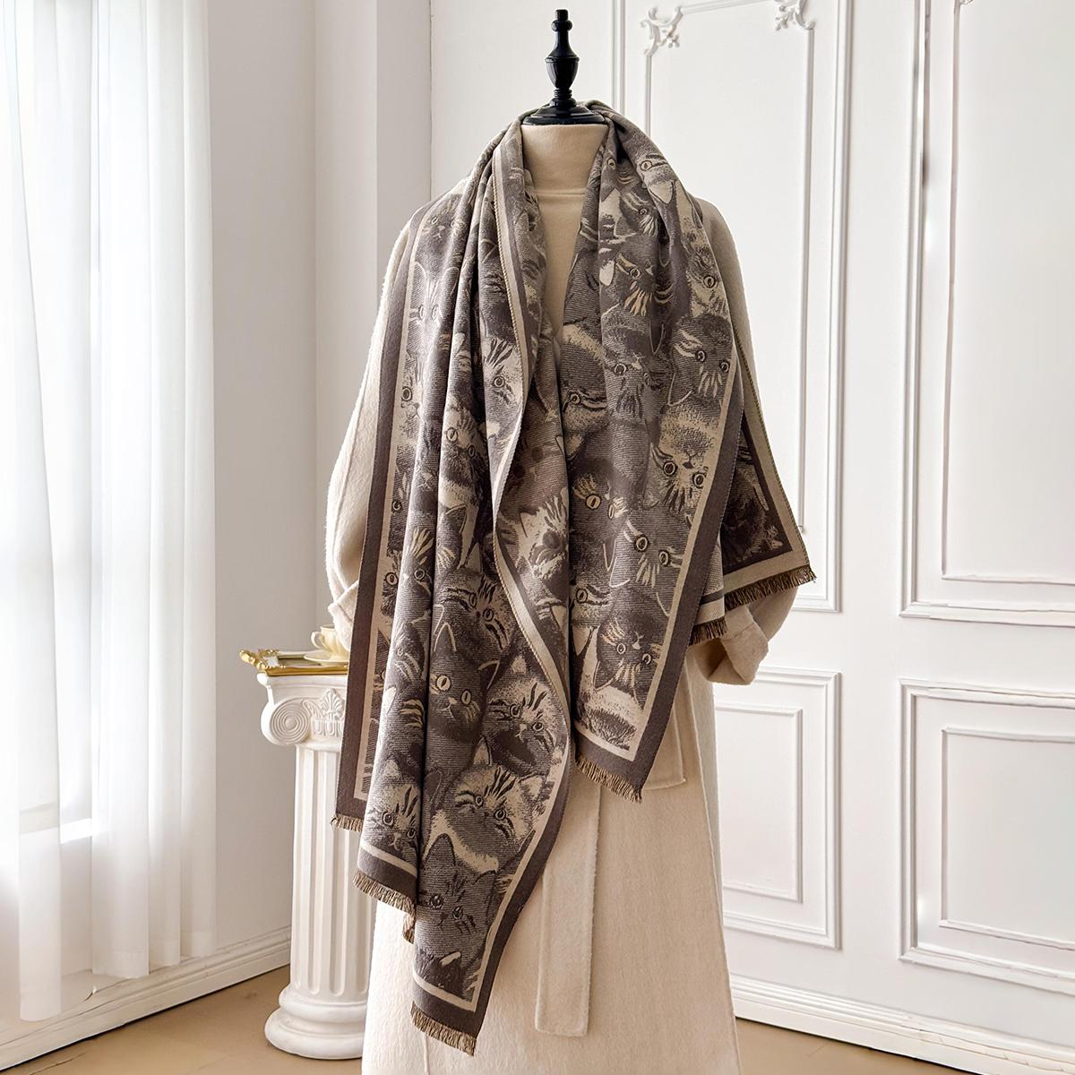Women S Winter Fashion Warm Cat-Patterned Imitation Cashmere Poncho - Thick Pashmina Shawl Wrap, Bufanda Echarpe Scarf