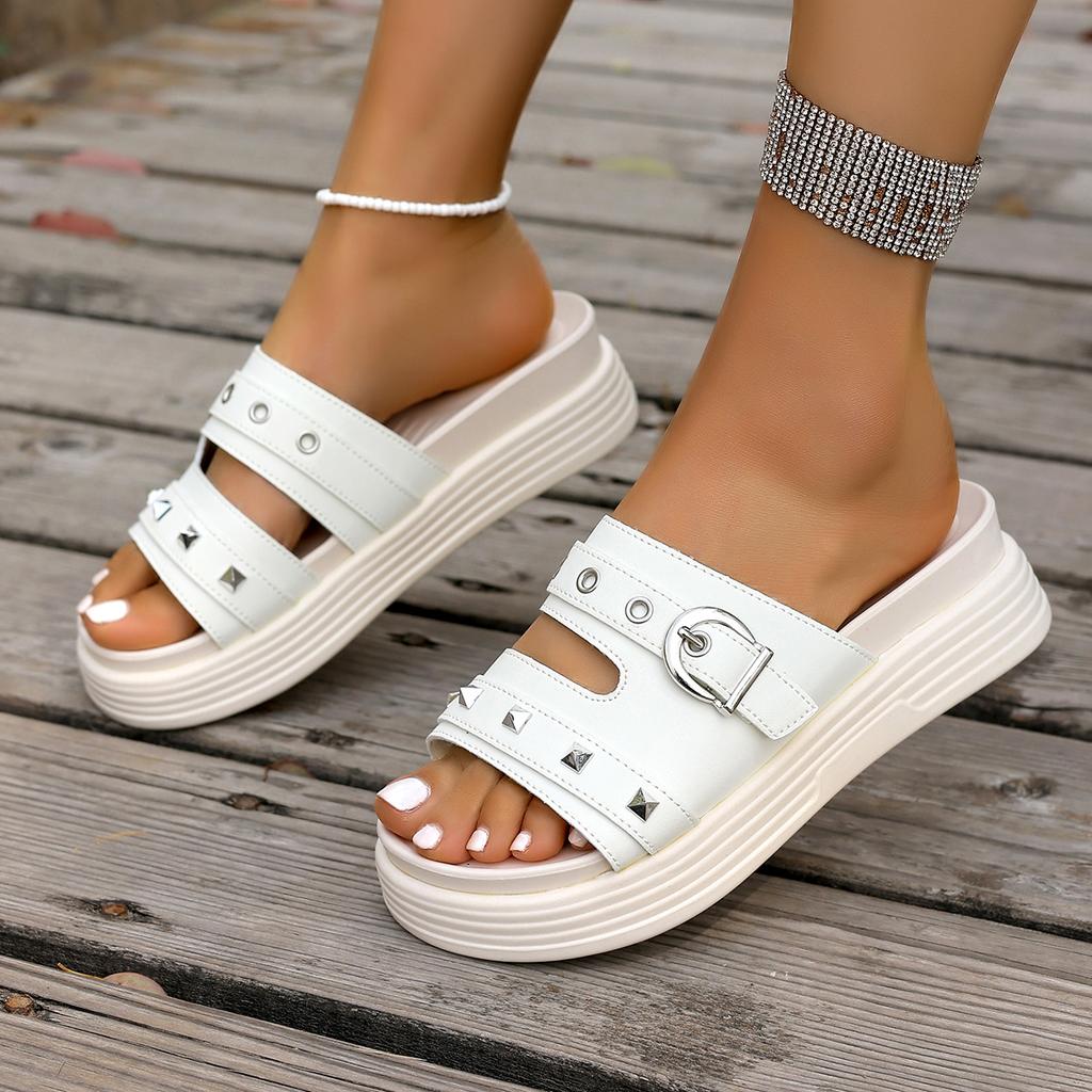 Fashion 2025 Summer Fashion Rivet Roman Flats Sandals for Women Thick Soled Open Toe Casual Slippers Outdoor Beach Sandals 35-40