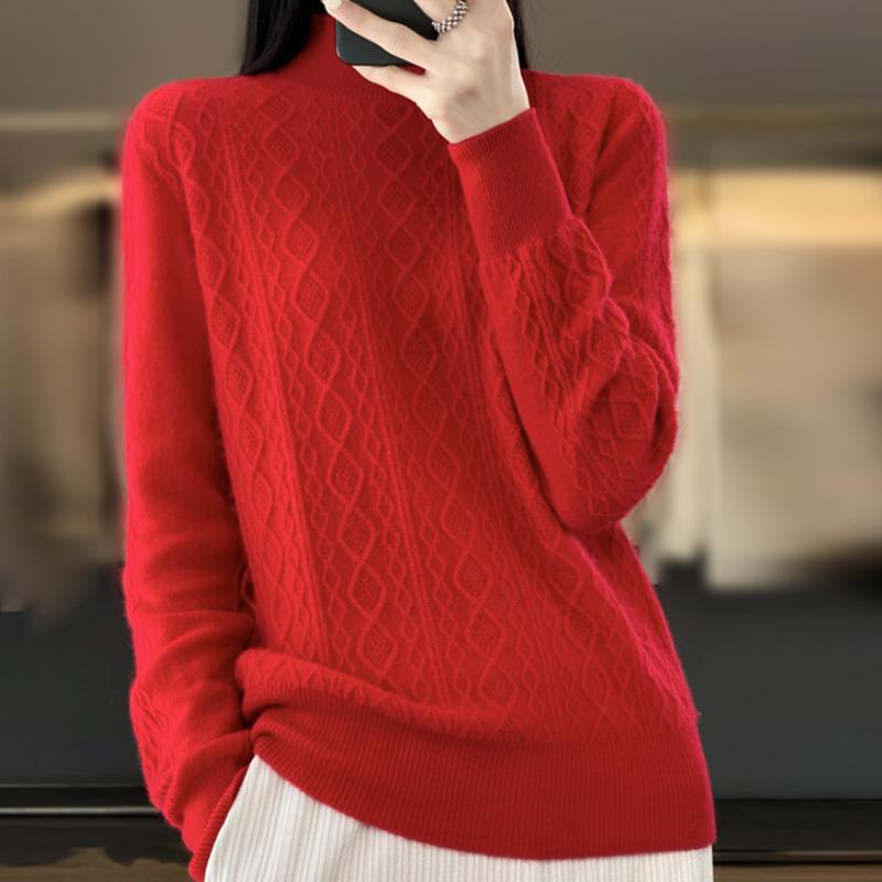 Half Turtleneck Women's Cardigan Autumn and Winter New Three-dimensional Twisted Flower Wool Sweater Versatile Warm Bottom Sweater Sweater
