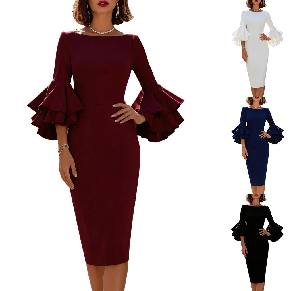 Damen Figurbetontes Midi-Kleid mit Rundhalsausschnitt und Lagen-Rüschenärmel-Detail Elegantes Bodycon Bleistiftkleid für Formelle Anlässe