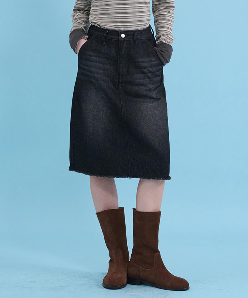 Micene Lucian Denim Fringe Midi Skirt
