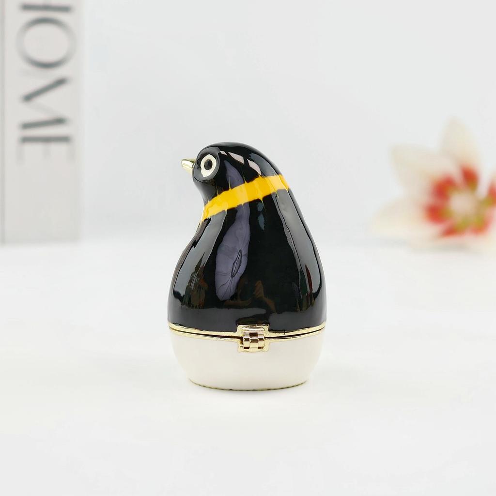 SHINNYGIFTS Traditional Gold-Plated Hand Painted Enamel Penguin Figurine Trinket Box Rhinestone Inlay Mini Metal Jewelry Storage