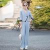 Stylish Spring 2025 Women's Patchwork V-neck Jacket & Wide-leg Pants Two-piece Set