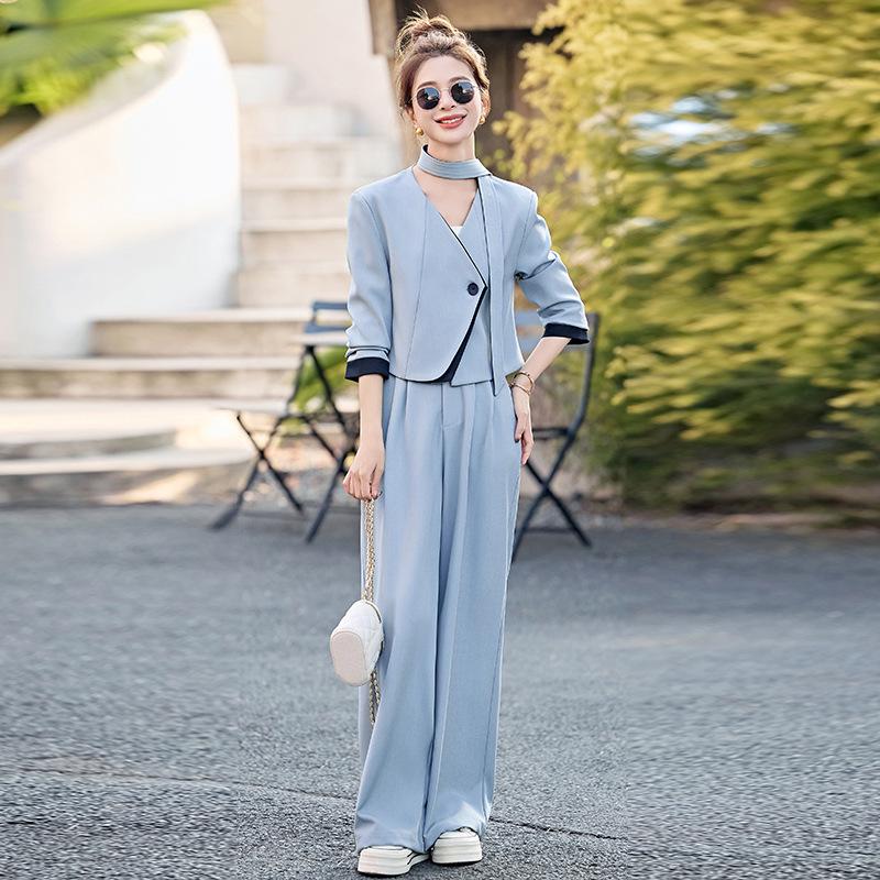 Stylish Spring 2025 Women's Patchwork V-neck Jacket & Wide-leg Pants Two-piece Set