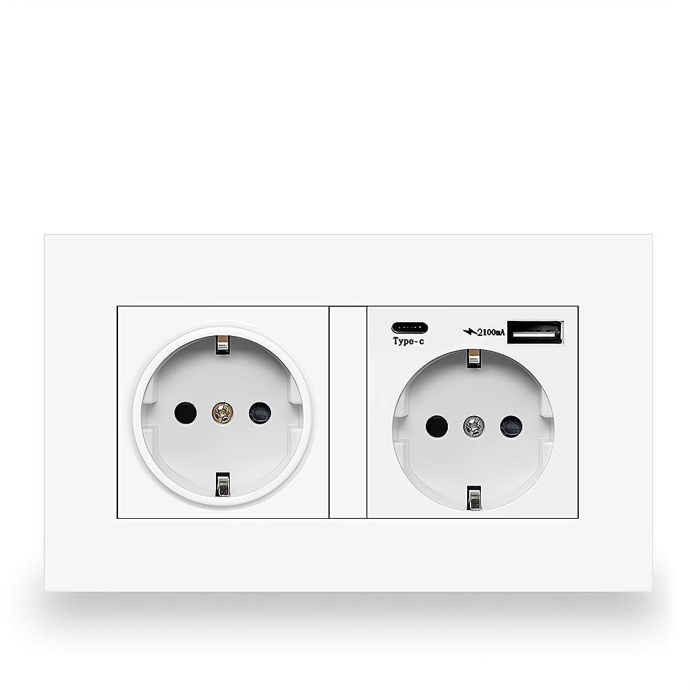 EIOMR EU Standard Power Socket, Single and Double 220V 16A White Black PC Panel EU Socket, Wall Usb Type-C Plugs Outlet for Home