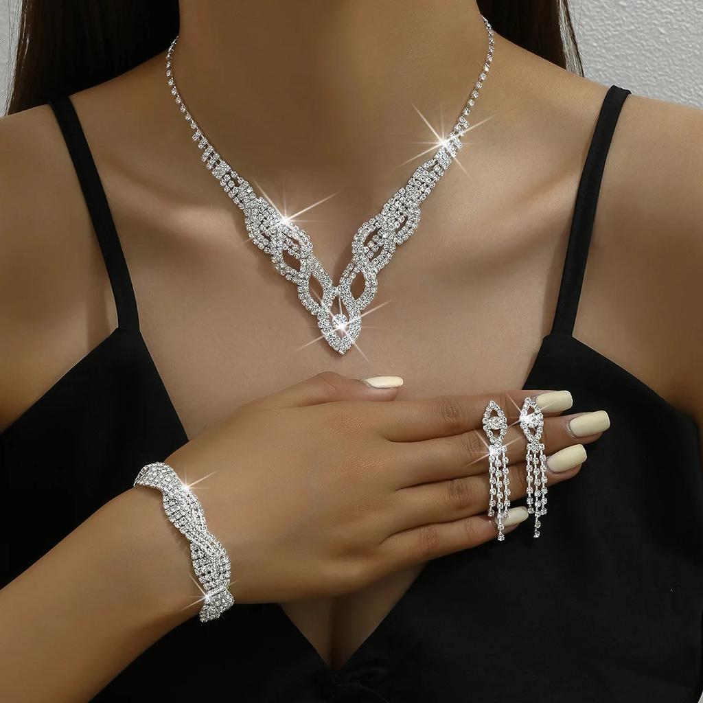 Korean Style Wedding Bride Hollowed Out Rhinestone Women Necklace Earrings