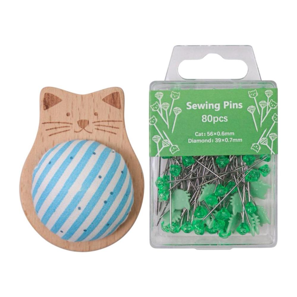 80pcs DIY Crafts Sewing Pin Holder Multi-Color Dressmaker Quilting Cat-Shaped Diamond Head Pins with Positioning Pins