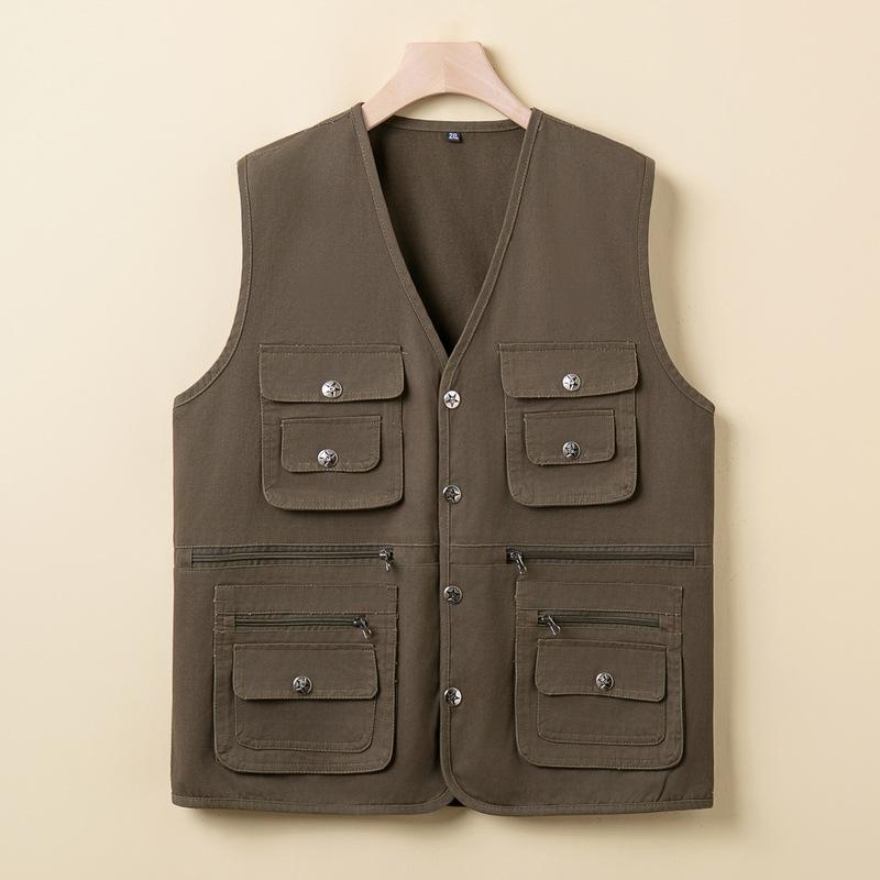 Lente en Herfst Heren Katoenen Vest V-hals Grote Maat Vest Middelbare Leeftijd Meerdere Zakken Middelbare Leeftijd en Oudere Paardenclip Heren Losse Gesp Vest 4XL gray